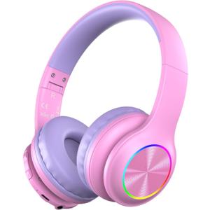 2024 Bluetcooth Kids Headphones Fit for Aged 3-21, Colorful LED Lights Comfort Wireless Headphones with Microphone 94dB Volume Limited for School/iPad/PC/TV/Cellphones, Wired & TF Card Mode, Pink