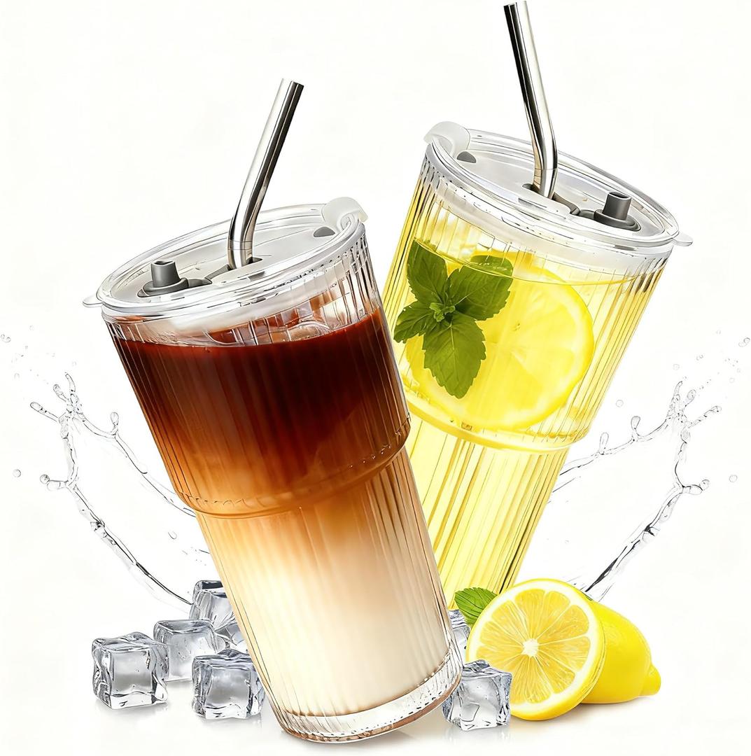 2 Packs Ribbed Glass Tumbler with Lid and Straw 16 oz Cute Ice Coffee Cup Set for Smoothie Juice Matcha Tea Latte Cappuccino Espresso Hot Coffee Water Reusable Clear Travel Mug Aesthetic Drinking Mug (Big Striped - 2Pcs)