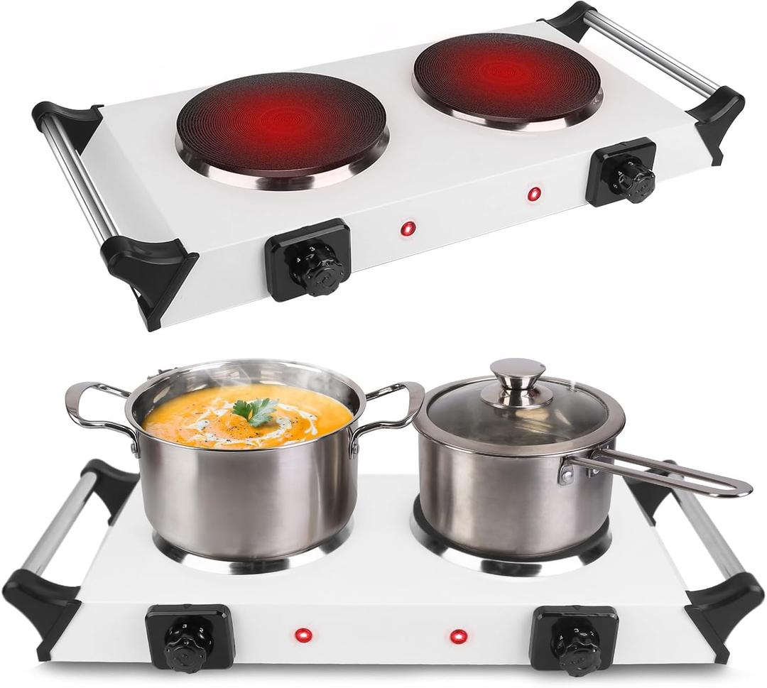2000W Hot Plate,Portable Electric Stove Countertop Double Burners W/5 Level Temperature Control & Stay Cool Handles, Easy to Clean, Lightweight Cast Iron Electric Stove for RV/Home/Camp 110V