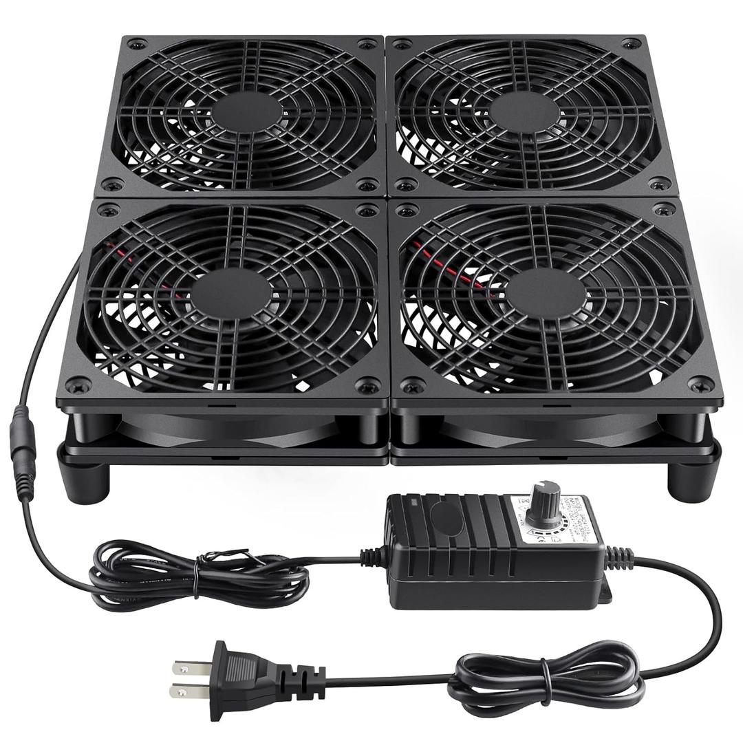 Wathai 120mm x 4 Router TV Box Fan 110v - 240v Big Airflow with Speed Control for DIY Gaming Consoles, Amplifiers, Xbox, Laptop Stand, Mining Machines Devices Cooling