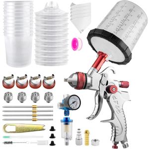 HVLP Spray Gun Kits, 1.4/1.7/2.0/2.5mm Nozzles with 650ml Mixing Cup & 10x Disposable Cups, Air Regulator, Paint Gun Automotive Gravity Feed Kit Cars Paint Gun, Furniture, Fence, DIY (Red)