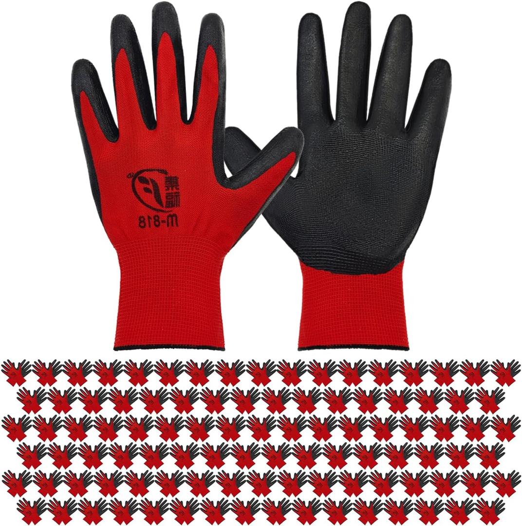 100 Pack Gardening Gloves Bulk for Men Women, Breathable Nitrile Rubber Coated Garden Gloves Dipped Gripping Work Gloves for Construction, Gardening