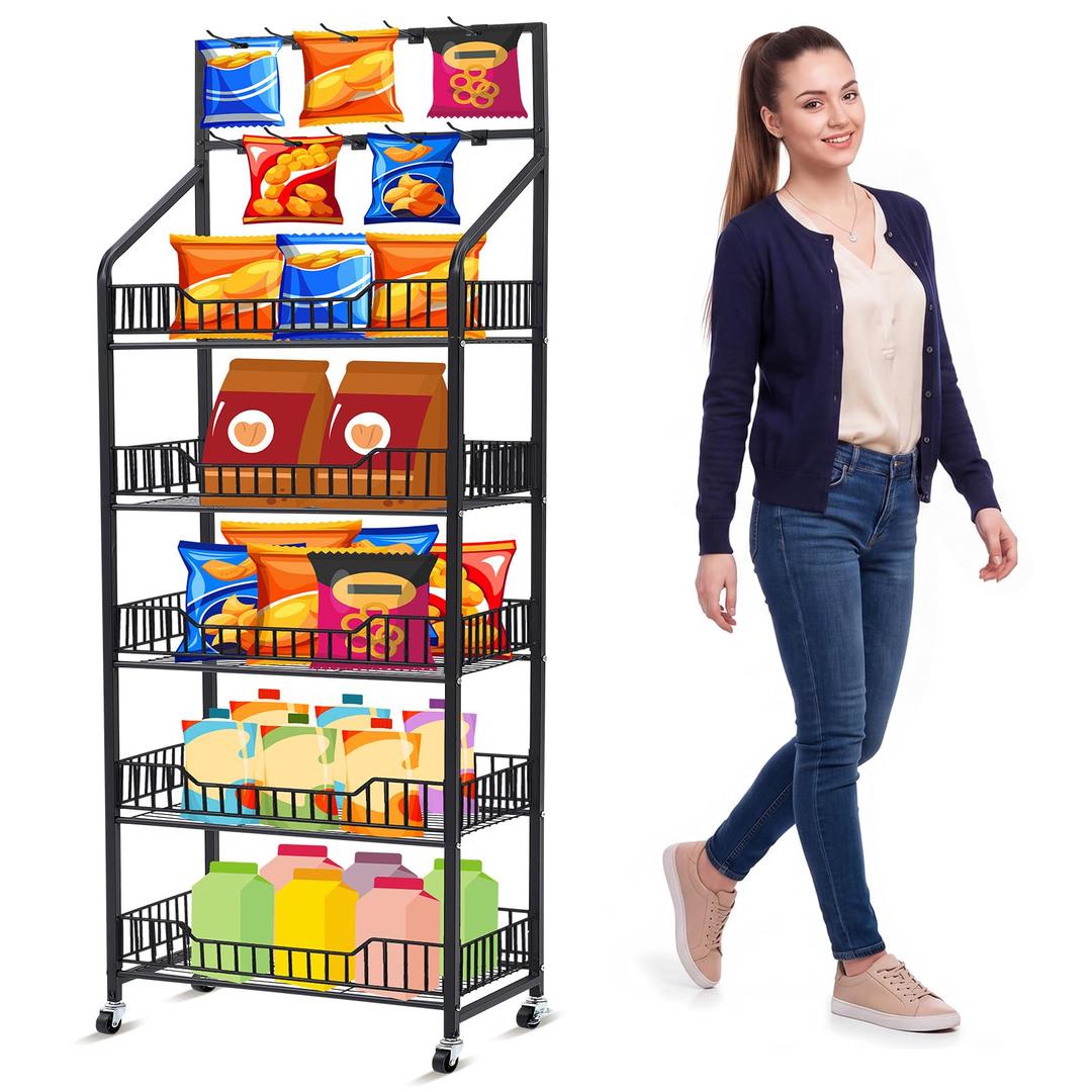 DoubleFill 2 Set 5 Tier Snack Display Rack with 15 Hooks & Wheels, Metal