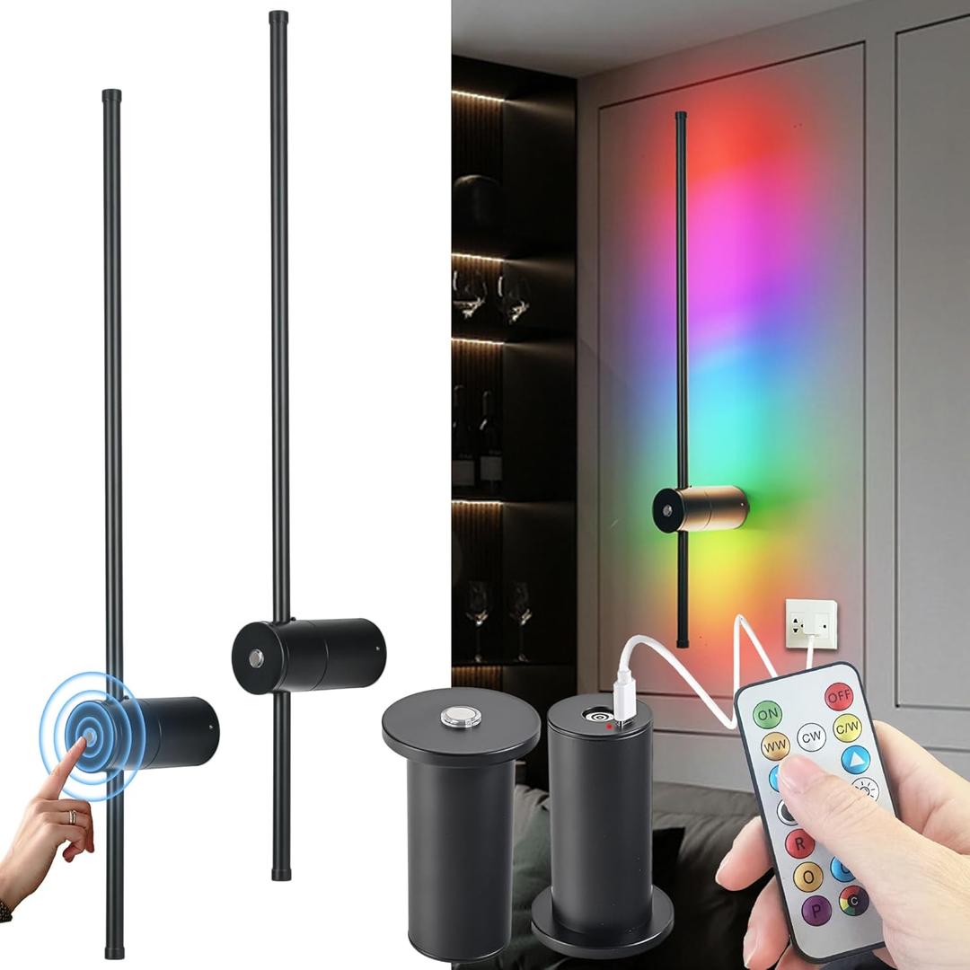 Battery Operated Wall Sconce, Wireless Wall Lights Set Of Two With Remote Control, 10000mAh Detachable Rechargeable Wall Lamp Lighting Up To 80 Hrs, RGB Dimmable Wall Sconce For Living Room Hallway (Black)