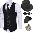 EFORLED 1920s Mens Costume Fedora Hat,Gatsby Gangster Vest,Vintage Pocket Watch,Pre Tied Bow Tie,Tie Size XL