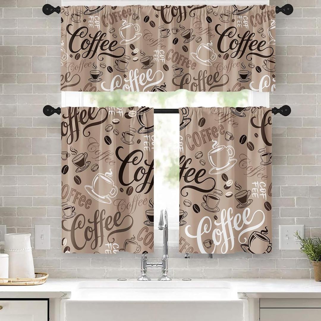 Coffee Kitchen Window Curtains Valance and Tier Set 36 Inch, Brown Farmhouse Rod Pocket Short Tier Curtain, Retro Vintage Small Cafe Drapes for Kitchen Decor