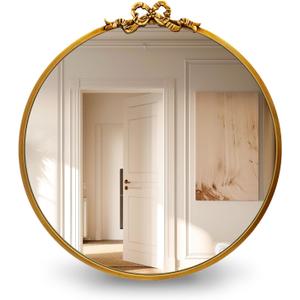 Vintage Round Gold Bow Mirror: 23.6" Antique Bathroom Vanity Mirrors with Metal Frame - Baroque Ornate for Entryway/Bedroom/Hallway/Mantle- Home Wall Decor for Living Room