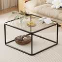 Coffee Table Glass, Minimalist Square Tables for Living Room, Modern Center Table for Office or Small Space, Tempered Glass, Sturdy Metal Frame, Easy Assembly, 26.4 x 26.4 x 15.7 Inches, Black