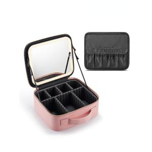 Travel Makeup Bag with Lighted MirrorMakeup Train Case with Adjustable Dividers and 3 Light Modes, PVC, Pink
