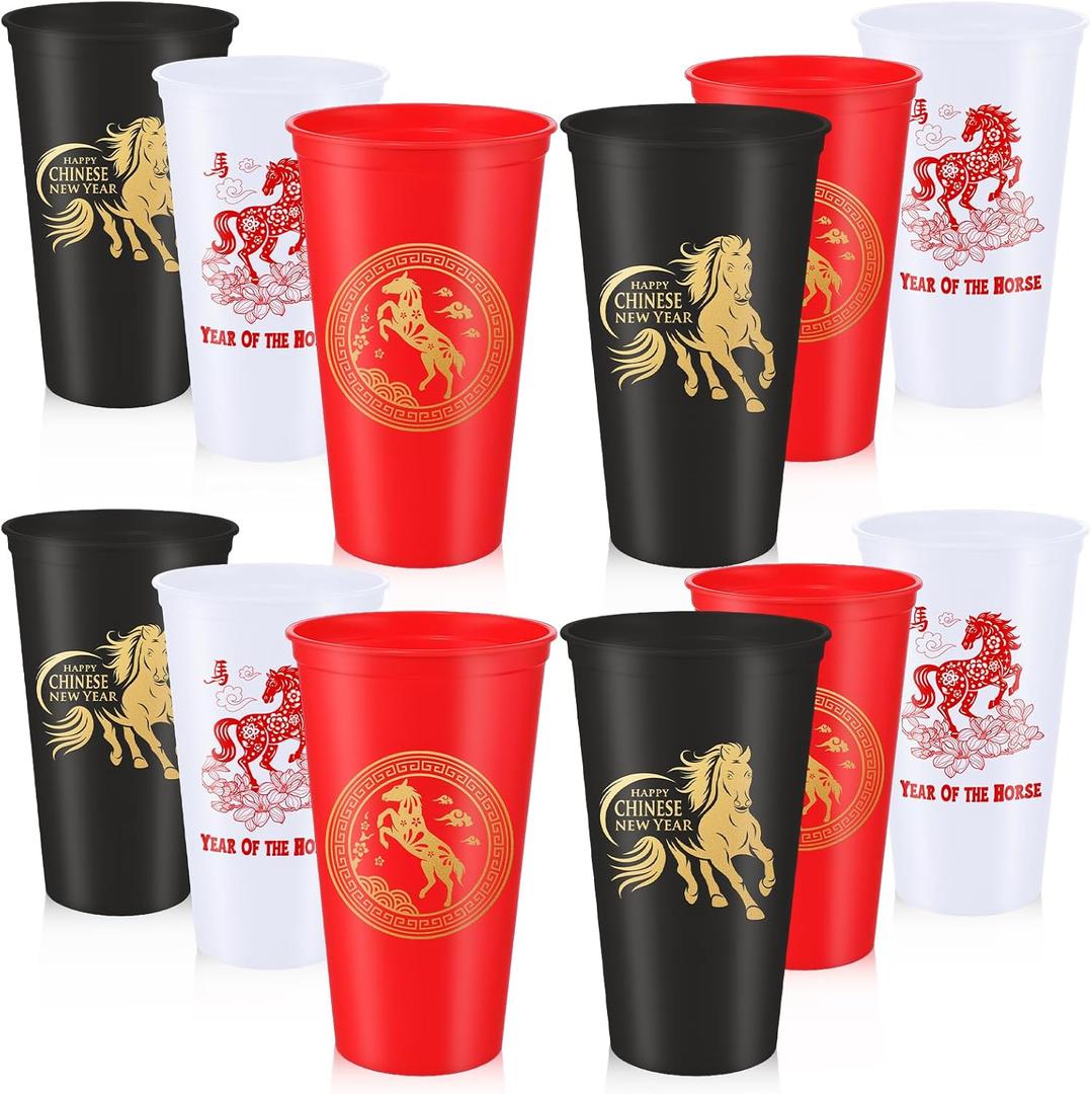 Willinglong 12 Sets Chinese New Year Gifts 2026 Year of The Horse 2026 16 oz Plastic Coffee Cup with Lid Horse Tumbler for Chinese Lunar Families Party Festive Decorations