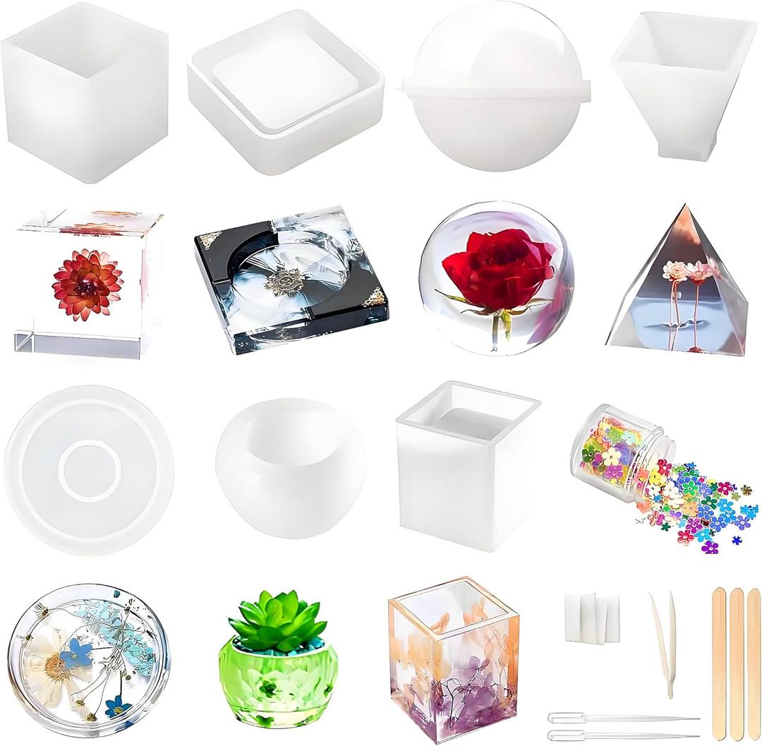 Resin Molds Silicone Kit 20Pcs,Epoxy Resin Molds Including Sphere,Cube,Pyramid,Square,Round, Used for Create Art,DIY,Coasters,Candles.Bonus Decorative Sequins and The Complete Set (20PCS Resin molds)