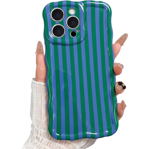 for iPhone 14 Case, Cute Striped Pattern and Curly Wavy Edge Aesthetic Gloss Phone Case, Stylish Slim Shockproof Soft TPU Protective Cover for iPhone 14, Blue Green