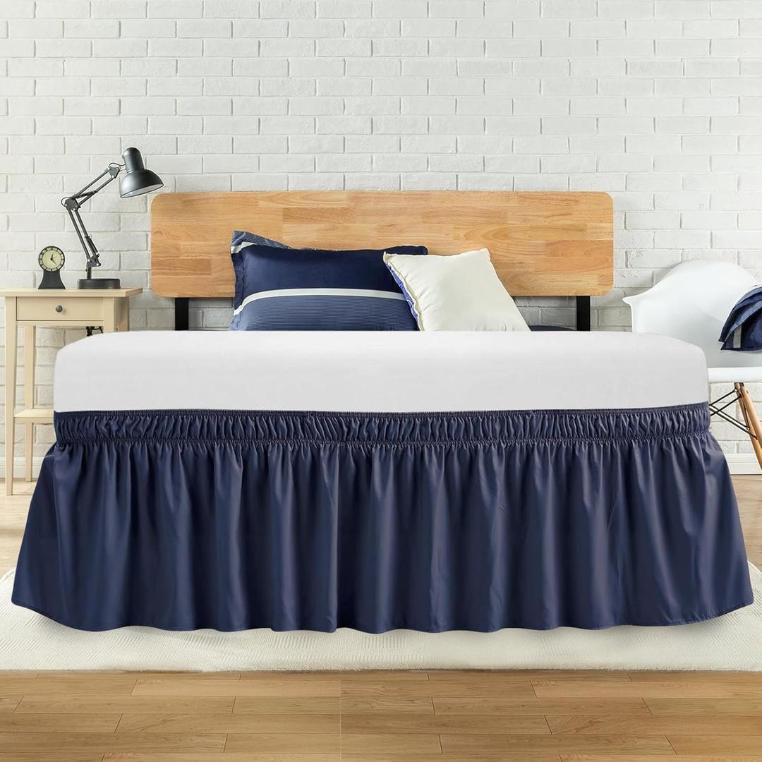 King Bed Skirt, Elastic Wrap Around Bed Skirt King Size, Bed Skirts for Adjustable Bed, Easy Fit with 14" Drop Length Tailored Drop Dust Ruffle (Navy)