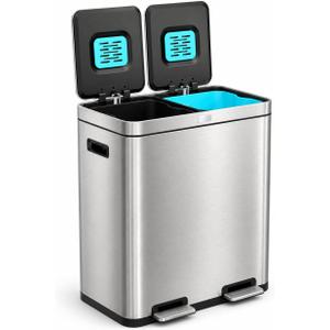 Home Zone Living 16 Gallon Kitchen Trash Can with Dual Compartments for Recycling, CleanAura Odor Control, Stainless Steel, Silver, 60 Liters Total