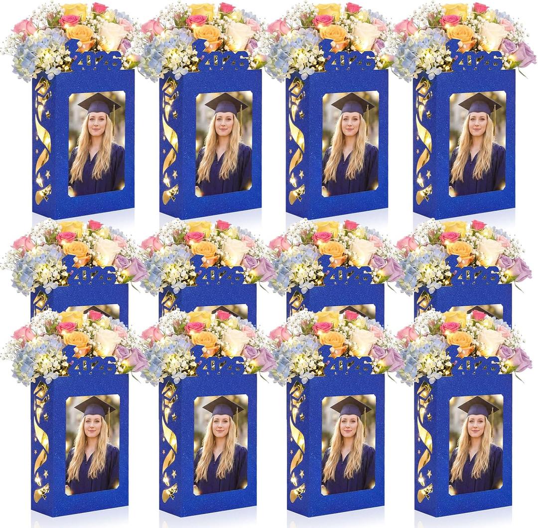 Spiareal 12 Sets Graduation Box Centerpieces for 4" x 6" Photo Class of 2026 Table Decoration Blue Picture Frame Display Boxes with String Lights Congrats Grad Party Favor High School College Gift