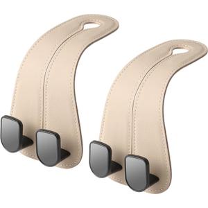 2 Pack Car Headrest Hooks for Purses and Bags Cute Leather Car Seat Back Head Rest Double Hooks for Bags Cute Pink Beige Car Accessories Headrest Back Seat Handbags Hook (Beige 2 Pack)