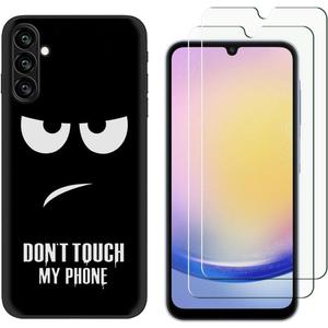 for Samsung Galaxy A25 5G Case with 2 Tempered Glass Screen Protectors, Cute Pattern Design, Slim Shockproof Protective Soft Silicone Phone Case Cover for Girls Women Boys (Black)