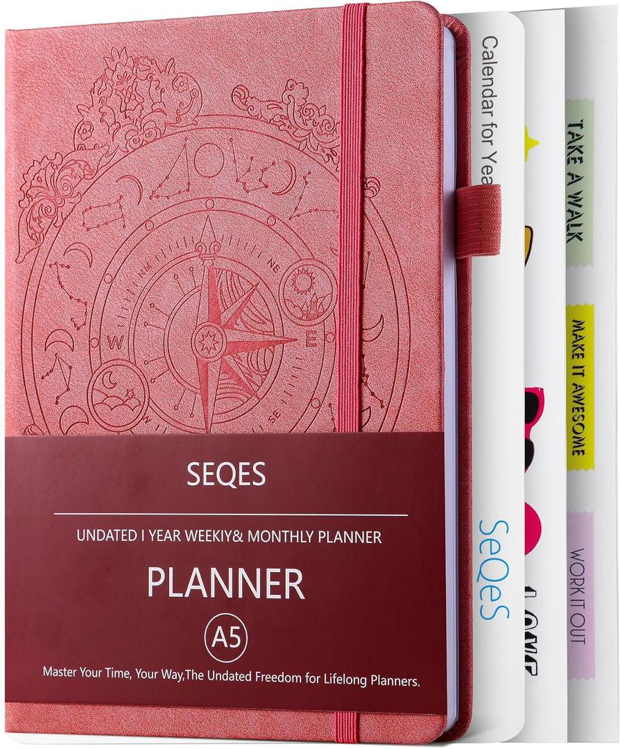 SEQES A5 Undated Planner- Leather Cover with goal tracker,full focus And habit To Increase Productivity organizer And Goal Setting & Reflection Journal | Weekly/Monthly Planner (pink)