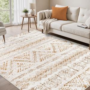 Area Rug Living Room Carpet: 5x7 Large Moroccan Soft Fluffy Geometric Washable Bedroom Rugs Dining Room Home Office Nursery Low Pile Decor Under Kitchen Table Light Brown/Ivory