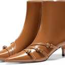 Coutgo Womens Buckle Strap Ankle Booties Kitten Low Heel Pointed Toe Y2K Boots Side Zipper Fall Shoes (8, Brown)