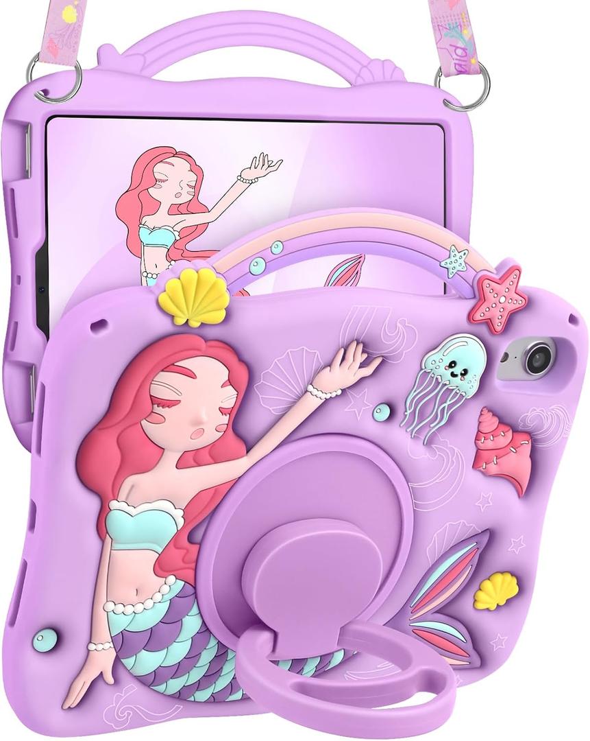Boaretiu for iPad mini 6 Case/Mini A17 Pro Case - 3D Cute Cartoon Mermaids Girls Teens Soft Silicone for iPad mini 7/6 8.3 Inch Tablet Cover with Strap & Rotating Stand (Purple)