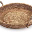 Rattan Round Fruit Basket for Table Wicker Bread Tray with Handle for Serving Food, Crackers, Snacks (11inch D x 1.8inch H) (Natural)