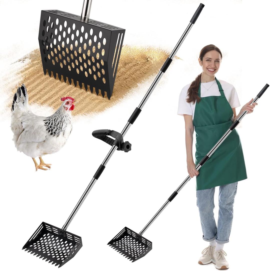 2-in-1 Chicken Poop Scooper & Rake, 10" Metal Coop Shovel, Sand Sifting Shovel with 38" to 66" Adjustable, Cleaning Tool for Chicken Coops & Farm Animals
