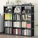12 Cube Storage Organizer Book Shelves, DIY Open Stackable Bookshelf, Extra Large Plastic Bookcase Rack for Bedroom, Living Room, Home Office, Black