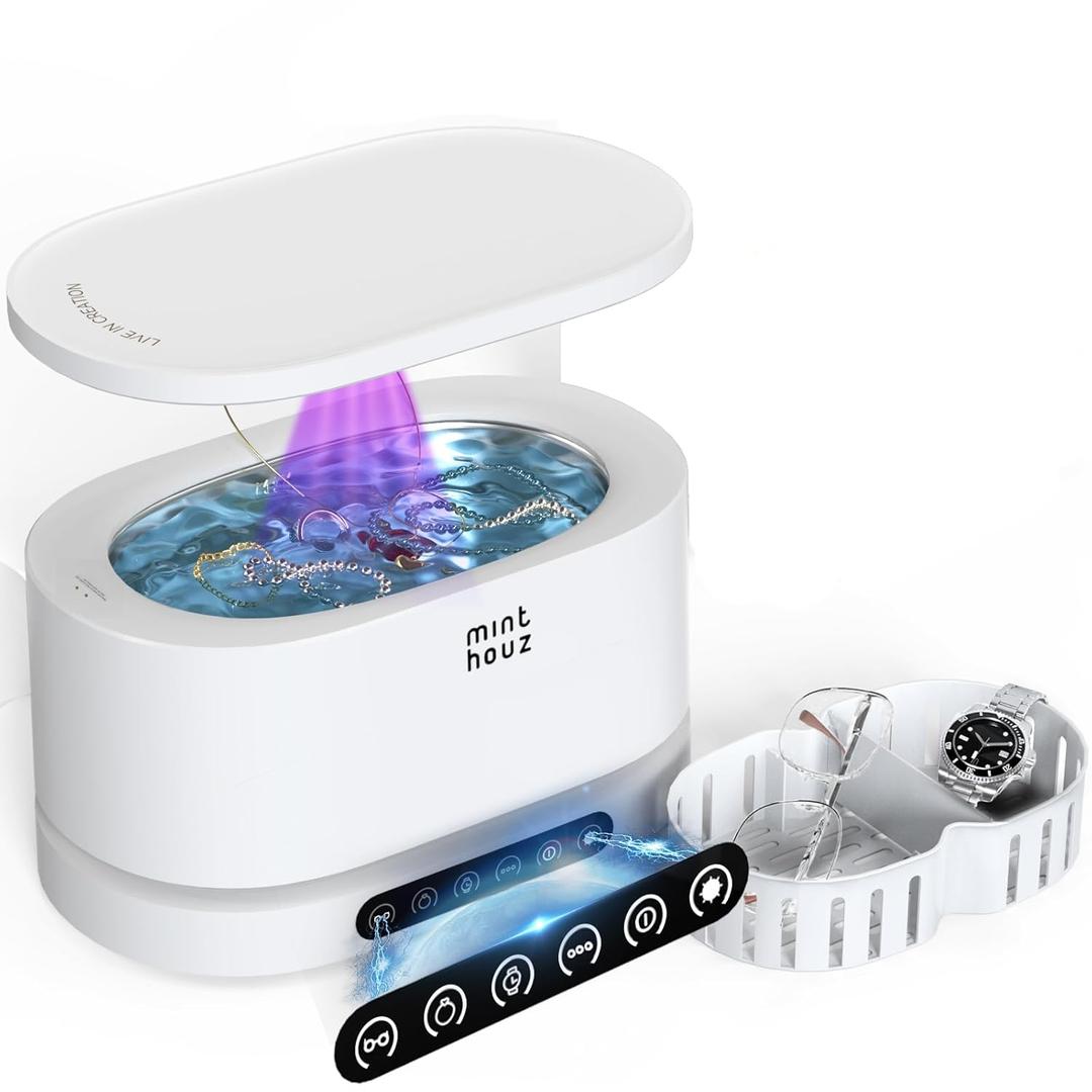 Minthouz Ultrasonic Jewelry Cleaner Machine 48KHz Ultra Sonic Cleaner for Jewelry, Eyeglass,Rings,Watch Band,Dentures, with 5 Cleaning Modes, 500ML 304 Stainless Steel Tank,Gift for Wife,Mom,Daughter