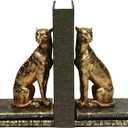 Comfy Hour 9.1" Gold Cheetah Egyptian Bastet Figurine Style Bookends, Antique Vintage Leopard Statue Home Decor, Heavy Duty Animal Book Stoppers Pair