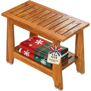 NNN 24" Commercial Teak Shower Bench - 8 Non-Slip Leveling Feet & 350 lbs Capacity | Rock-Solid Stability for Seniors & Spa Safety | Waterproof Design for Saunas/Outdoor Pools (Patented)