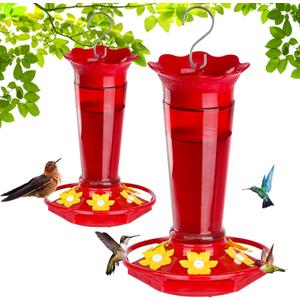 Gbekery 10 OZ Glass Hummingbird Feeders for Outdoors Hanging - Red 2 Pack, Ant & Bee Proof and 6 Feeding Ports, Garden Yard Dcor Gifts for Mom
