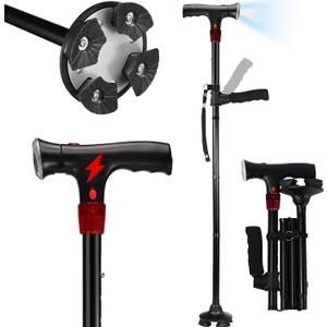 Walking Cane for Men & Women with Alarm, LED Light and Foldable Handle, Foldable, Adjustable, Lightweight, Free Self Standing Walking Cane for Seniors & Adults (black)