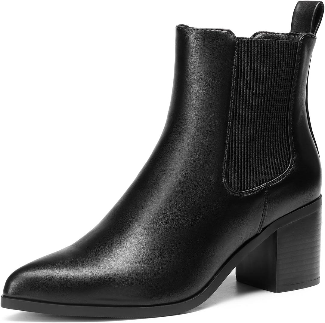 DREAM PAIRS Women's Retro Elastic Chelsea Ankle Boots Fashion Low Chunky Block Heel Pointed Toe Fall Heeled Booties Shoes (6, Black-pu)