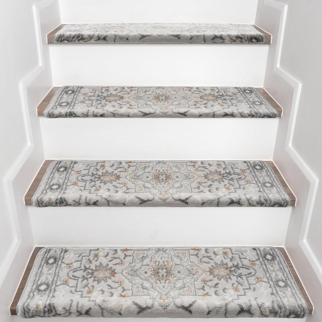 Bullnose Stair Treads for Wooden Steps, 14 Pack 30"x9.5" Non Slip Carpet Stair Treads, Peel and Stick Stair Carpet with Nosing, Indoor Stair Treads for Wood Stairs, Grey Persian
