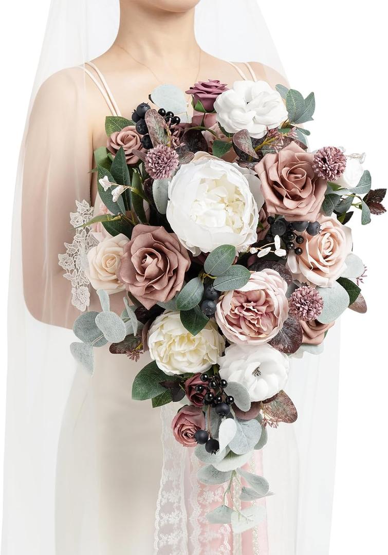 Ling's moment Pink Wedding Bouquets for Bride, Dusty Rose and Mauve Bridal Bouquets for Bride, 15 Inch Free Form Artificial Wedding Flowers Bouquets