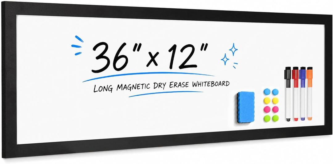Long White Board, 36" x 12" Magnetic Dry Erase Board, Black