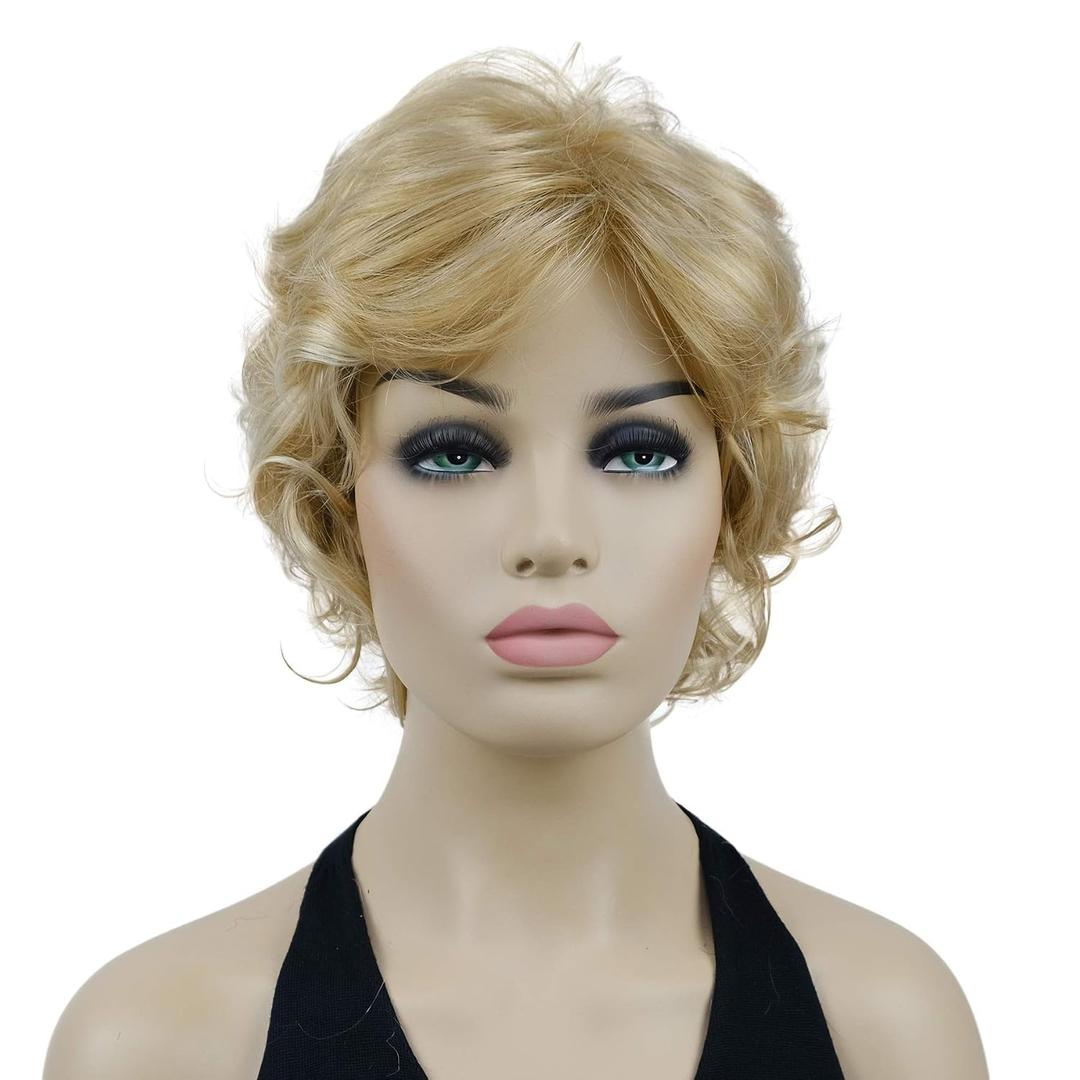 Lydell Women's Short Wavy Curly Wig Synthetic Hair Full Wig Blonde Highlights 6 inches