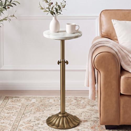 Aoligrace Adjustable Marble Drink Table, 10" Round Pedestal Side Table | Natural White Accent End Table with Antique Brass Base, Metal Tall Cocktail Martini Tables for Small Spaces,Living Room