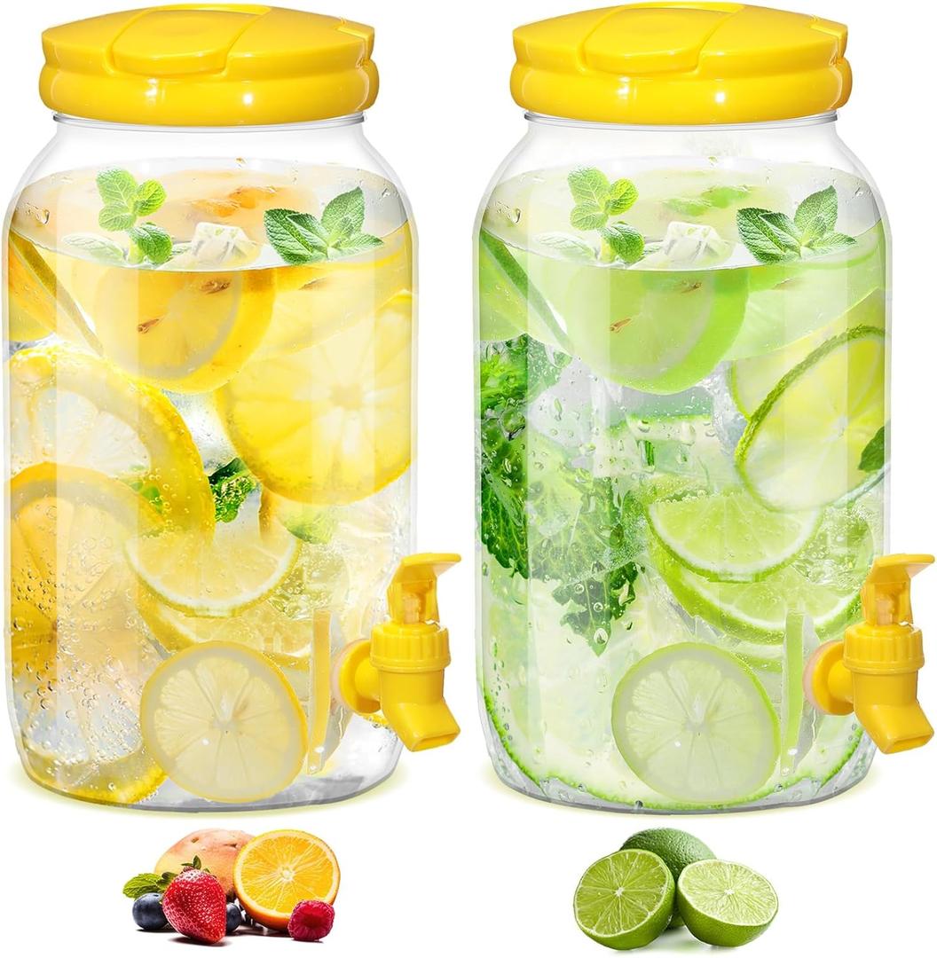 Havawish 2 Pcs 1 Gallon Plastic Beverage Dispenser with Spigot Clear Summer Kitchen Fridge Drink Dispenser for Parties Lemonade Juice Tea Beer Cold Water(Yellow,Cylinder)