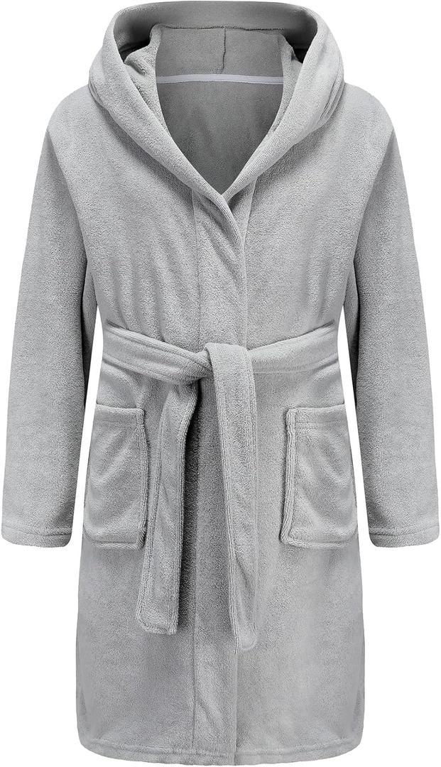 Boys Girls Bathrobe Soft Towel Hooded Robe Terry Cloth Cotton Bathrobe (11-12 Years, Gray)