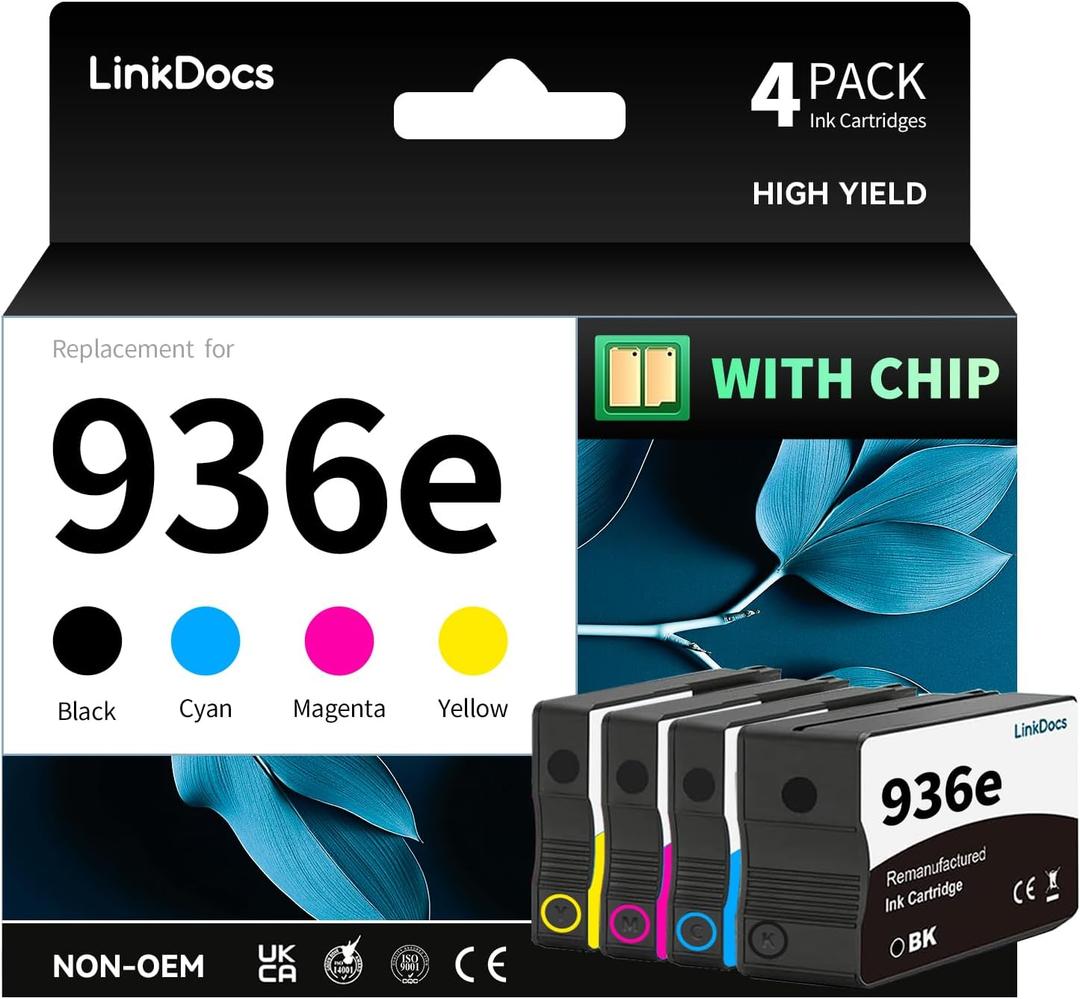 LinkDocs 936e Ink Cartridge Combo Pack (with Chip) Replacement for HP 936e 936 Compatible with HP OfficeJet Pro 9110 9120 9122 9125 9130 Wide Format 9730 9720 (Black/Cyan/Magenta/Yellow)