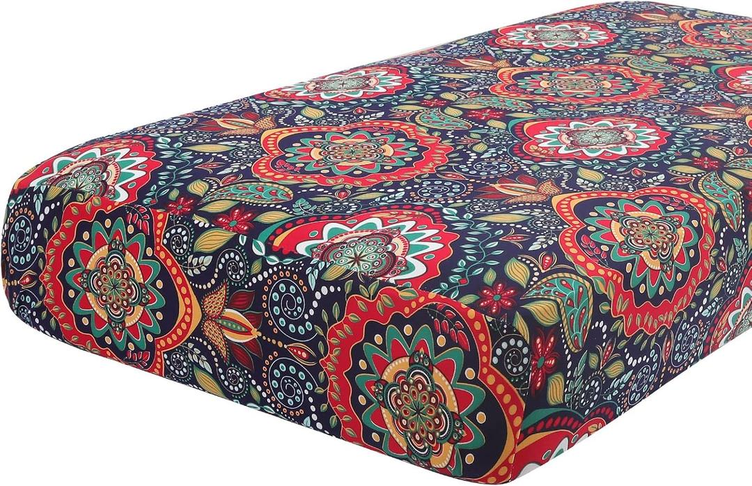 hyha Printed Couch Cushion Covers, Floral Sofa Covers Washable for 3 Cushion Couch, Stretch Pattern Outdoor Cushion Covers for Patio Furniture with Elastic Bottom(Large, Mandala Floral) (Red & Black)