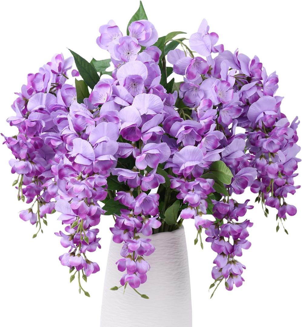 Artificial Hanging Flowers Spring Fake Flower for Vase, 2Pcs Light Purple Silk Wisteria UV & Fading Resistant Faux Flowers for Centerpiece Table, Bedroom Kitchen Living Room Bathroom
