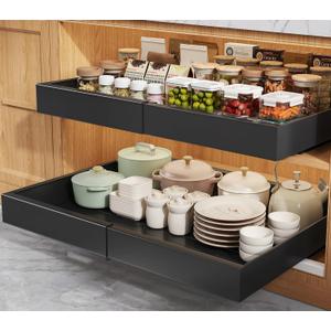 Seinloes 2 Pack Pull Out Cabinet Organizers 21" Deep With Raising Pad for Framed Cabinets, Expandable Width (15.2"-26.3") Slide Out Drawers Upgrade 3 Slide Rails, Roll Out Shelves Adhesive, Black