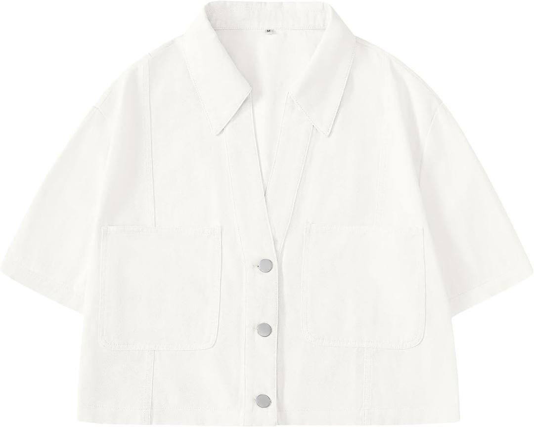 Locachy Women's Cropped Denim Shirt Short Sleeve Lapel Button Down Trucker Jean Jackets Coats Fashion Outfits Clothes White S (White, S)