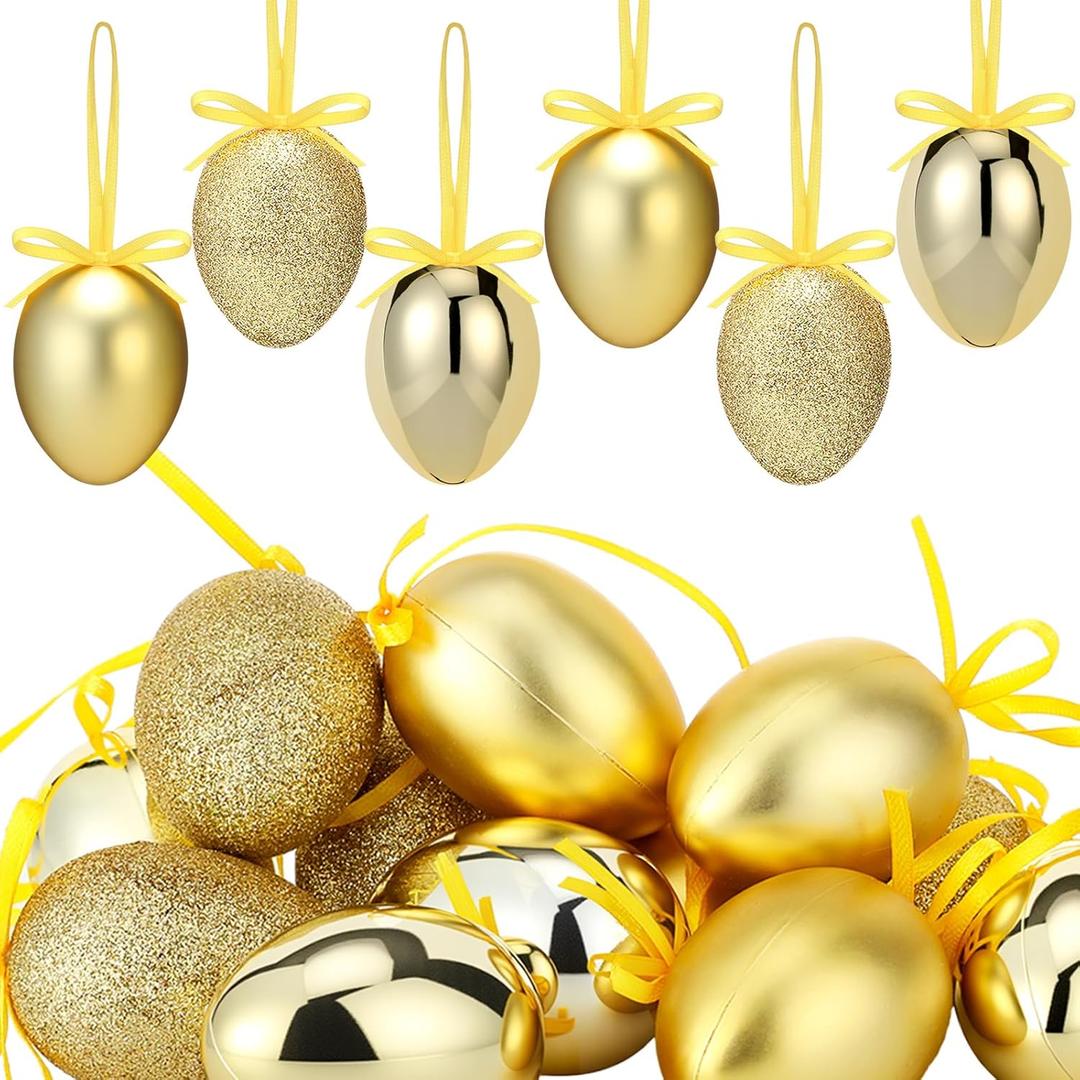 Soulchen 24 Pcs Gold Easter Eggs Tree Decorations Glitter Egg Hanging Ornaments for Easter Basket Home Spring Tree Decoration Party Supplies Favors