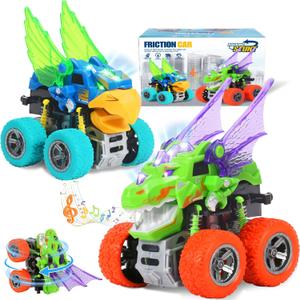 Monster Truck Toys for Ages 2-4,Dinosaur Toys for Kids 3-5 Light-Up Sounds,2 Pack Toddle Boy Toy 360 Rotating Push and Go Cars,Toddler Toy for 1 2 3 4 5 Year Old Boys Girls Birthday (Green)