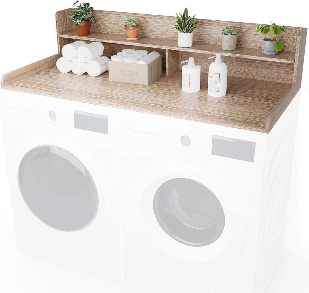 Washer Dryer Countertop with Shelf 27.5" W x 54" L x 12" H Laundry Room Countertop for Washer and Dryer with Edge Rails, Oak