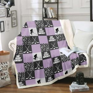 Girls Ice Hockey Plush Bed Throw Blanket 50"X60" Teen Patchwork Pucks Sherpa Fleece, Eat Sleep Hockey Sports Games, Purple Geometric Checkered Stripe Black Grey (Multi 04)